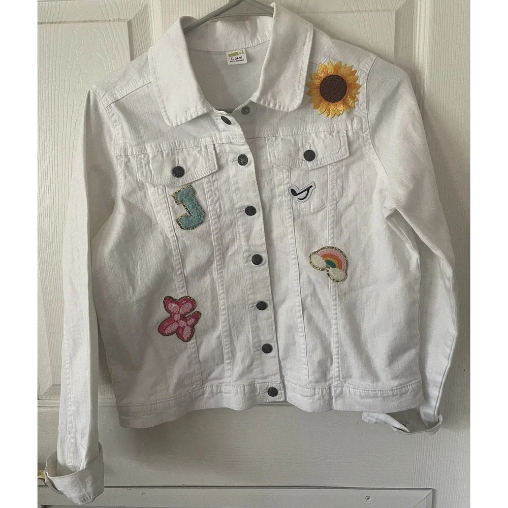 Crazy 8 Girls XL14-16 White Denim Jacket Sunflower Rainbow Butterfly Patch Jean